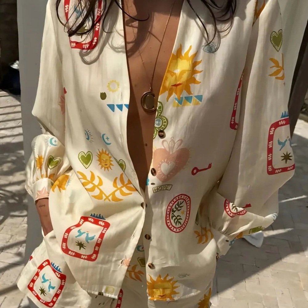 Colorful Sun Patterned Button-Up Shirt
